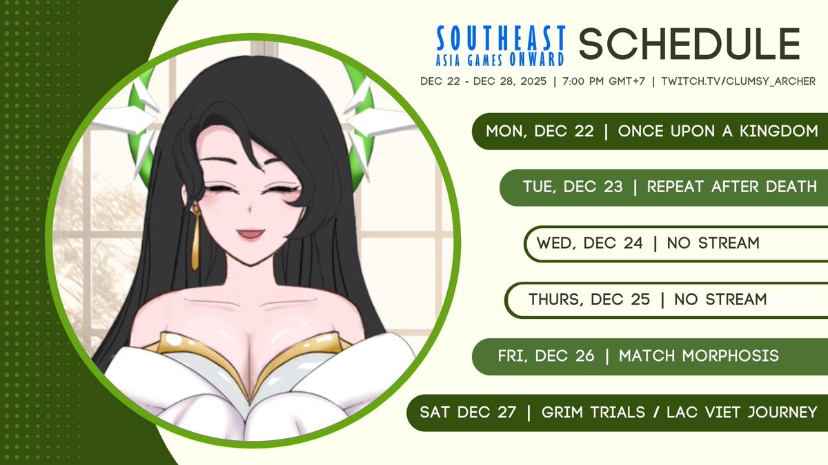 Fixed my mic &amp; stream settings so now we're ready for another week of #SEAGO2025 ! ✨

We'll be playing games made by these awesome devs <a href="/CliffbiteGame/">Whislist “Once Upon a Kingdom” on STEAM!</a> <a href="/ExplodingSoes/">Exploding Soes 💥 | WISHLIST RAD!</a> <a href="/stocwalkstudio/">Stochastic Walk - Wishlist Match Morphosis!</a> <a href="/rollinggloryjam/">Glory Jam</a> <a href="/_Trunks_st/">Trunka</a> 💚

Thank you for sharing your games! See you at 7:00PM, GMT+7!