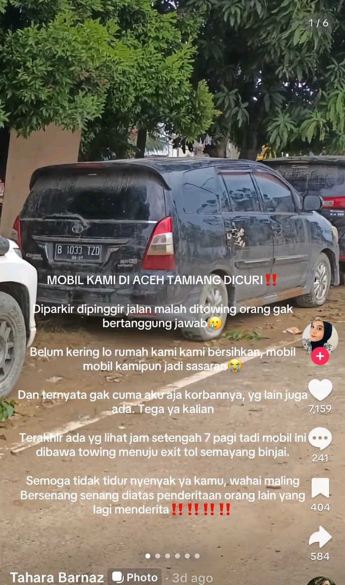 Masalah baru di Aceh, mobil-mobil korban banjir di Aceh Tamiang diambil maling saat mrk sedang bersihkan rumah dr lumpur. 

Mobil ini baru ditemukan dua hari kemudian di Aek Kanopan, Labuhan Batu, 340 km dari lokasi terakhirnya.