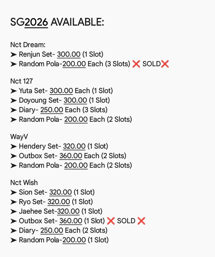 ➤ Wts/Lfb

SG2026
Price po nasa Pict na po and mga available

- Pre-Order
☛ Release Date: Dec.22-31,2025
❗ Outbox Set Inclusion pwede po tingi ❗

☛ Dop: 50.00 Payo
☛ Rembal: January 5,2026

- Dm Me to claim

❗ My GC po kami sa mga mag geget add ko po kayo ❗