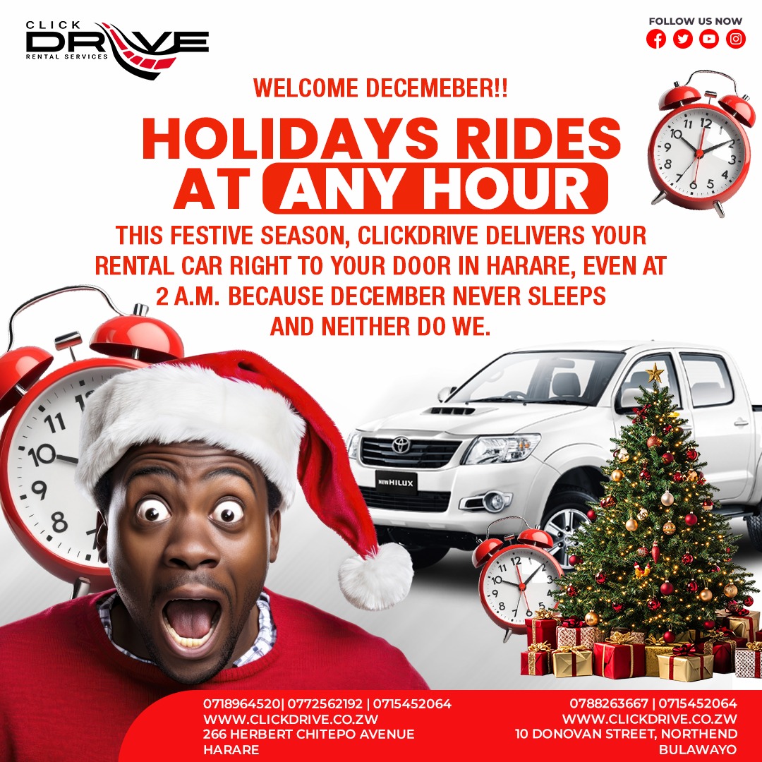 ClickdriveZim's tweet image. 𝑪𝒍𝒊𝒄𝒌𝒅𝒓𝒊𝒗𝒆 𝑪𝒂𝒓 𝑹𝒆𝒏𝒕𝒂𝒍 𝑺𝒆𝒓𝒗𝒊𝒄𝒆𝒔

December nights, city lights, and smooth rides...what more would you want? Turn your holiday errands,  shopping sprees, and festive adventures into epic journeys with our cars. This is your month to drive happy, arrive…