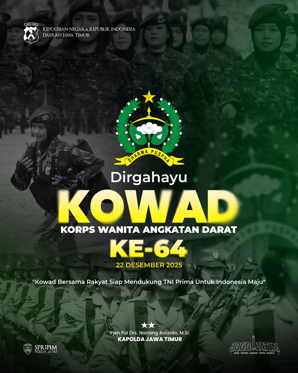 PagelaranHms's tweet photo. KORPS WANITA ANGKATAN DARAT KE-64
"Kowad bersama rakyat siap mendukung TNI Prima untuk Indonesia Maju"
-22 Desember 2025- https://t.co/Xrgqqb1dIi