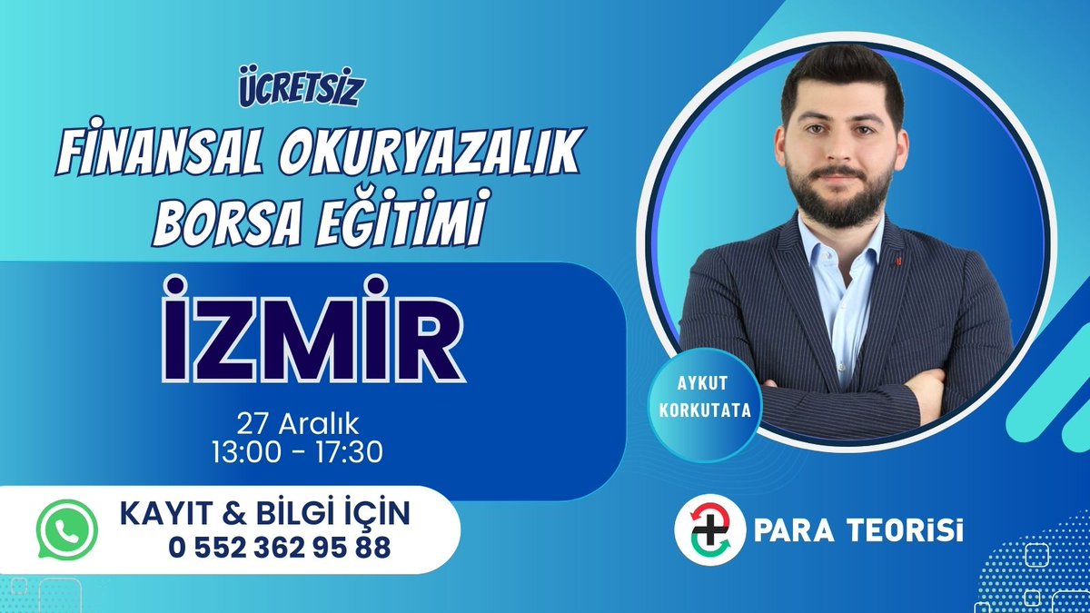 📊 ÜCRETSİZ BORSA EĞİTİMİ
📍 İZMİR  
📅 27 Aralık

Gelmek isteyenler mutlaka kayıt formunu doldurmalıdır.
Kayıt formu: forms.gle/T5ymRdPrxHF91h…

Artık ezbere değil, bilerek yatırım yapma zamanı.
Bu ücretsiz borsa eğitiminde; 
📌 Borsayı 
📌  Hisseleri 
📌 Teknik analizi
📌