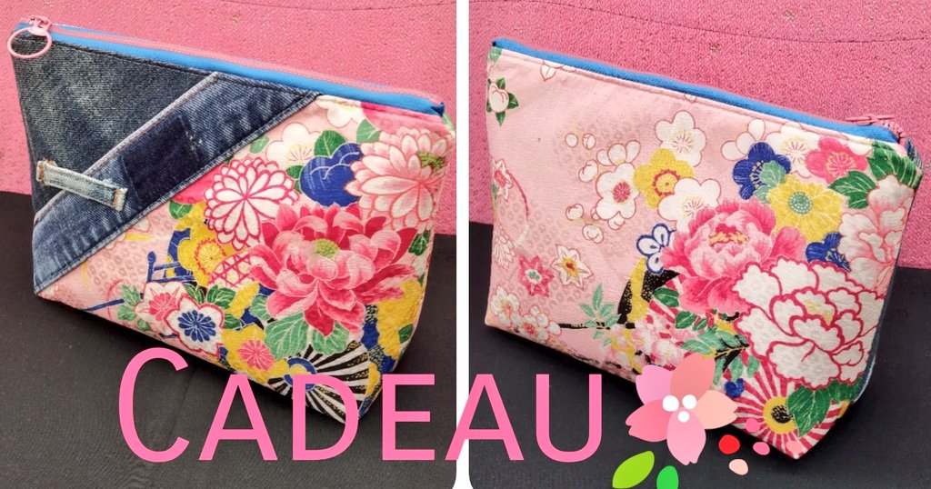 着物リメイクポーチ キモノポーチ≪大≫ GRAYちりめん 草花柄 着物リメイク 日月堂