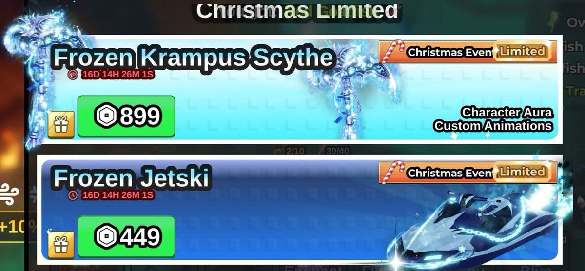findingrazor's tweet image. wts skin rod fish it via gift in game christmas limited‼️
frozen krampus schyte : Rp 85.405
frozen jetski : Rp 42.655

semua pergift-an rate 95 💓🌸
yuk order sebelum abis eventnya
#zonauang #zonajajan #gamepassfishit #giftfishit #wtsgigfishit