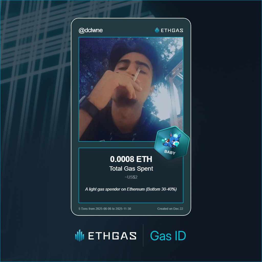 dclwne's tweet image. Leveled up in the Great Gas Reckoning with ETHGas! 💪

Baby Jack status: 0.0008 ETH gas spent, 1 Beans earned—supporting the Gasless Future!

Claim your Gas ID at ethgas.com/community/gas-…