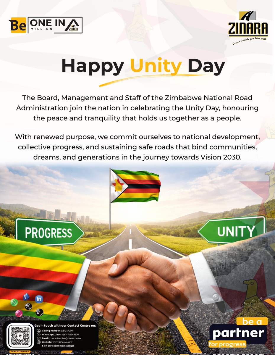 zinaraZW's tweet photo. One nation, One journey🇿🇼
This Unity Day, we celebrate the collective progress that keeps Zimbabwe moving forward.
#BeOneInAMillion
#UnityDay2025
#PartnersForProgress https://t.co/gUiB2jYyxC