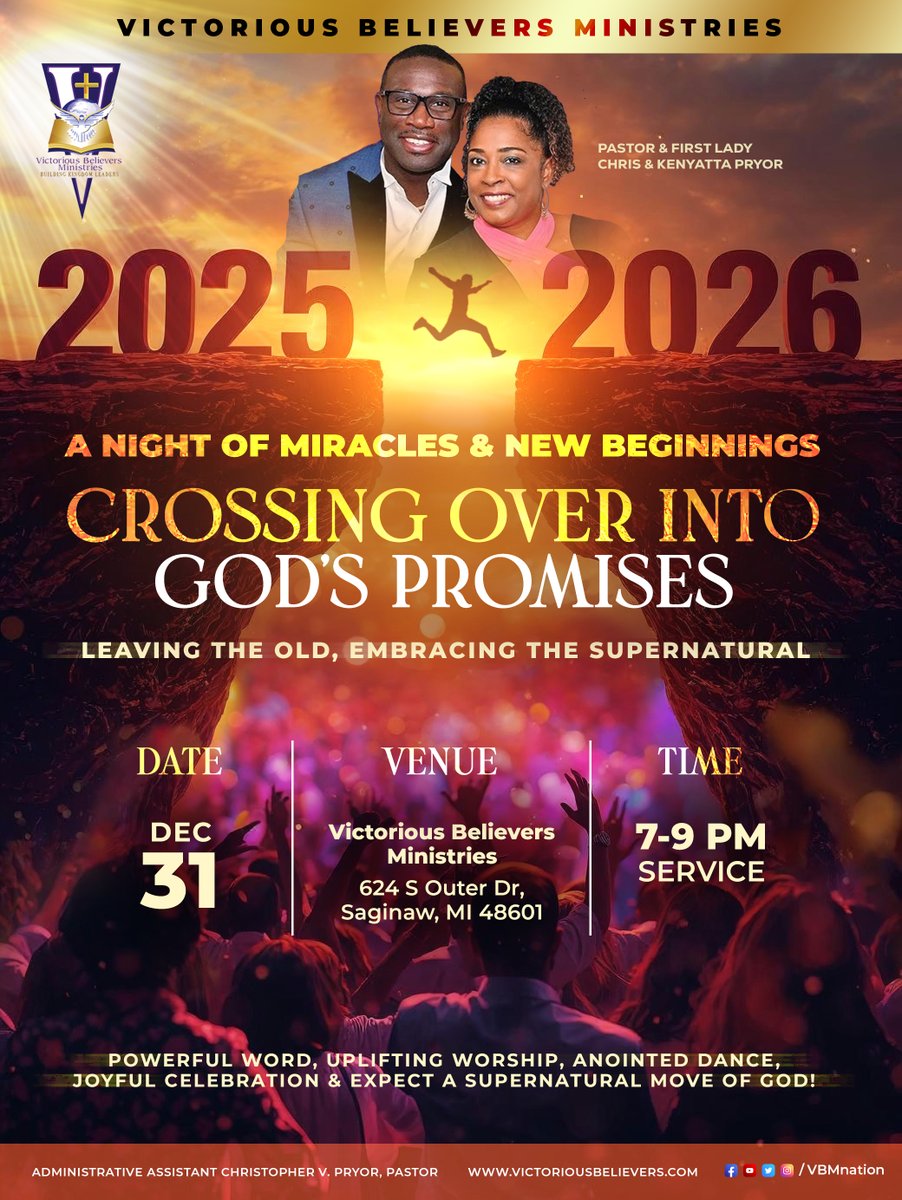 VBMnation's tweet photo. Make plans now to join us for New Year’s Eve Worship on Wed., Dec. 31, 7 to 10 pm.  You’re invited to a Night of Miracles &amp; New Beginnings as we cross over into God’s promises, leaving the old behind &amp; embracing the new. Come receive a powerful Word, uplifting worship, etc,
#VBM https://t.co/XFzrpfDlyy