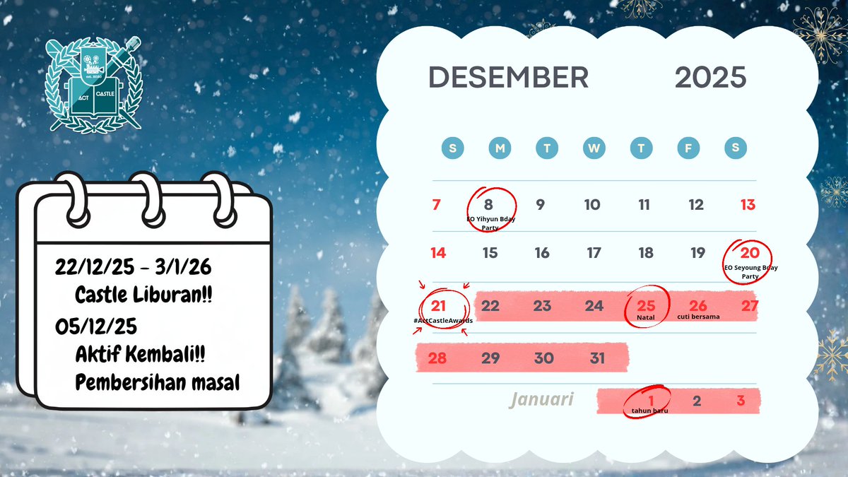 act_castle's tweet image. Selamat pagi castle deul  ~ 
Liburrrr telah tiba 🤗,castle libur nih dari tgl 22/12/2025- 03/01/2026.

Aktif kembali tanggal 5 Jan. Jika belum online sampai tanggal 5 Jan akan kena pembersihan masal 🤫. 

Selama liburan boleh tidak on atau mau ajak nonton dll

Happy holiyey 🥳