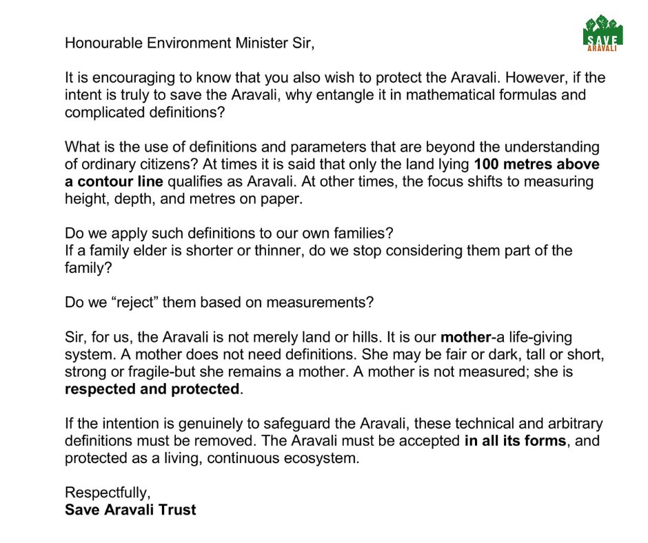 SaveAravali's tweet photo. Hon'able Minister @byadavbjp 

the current definitions of the Aravali are confusing and misleading.

Our humble request: recognise the Aravali as one continuous system and remove arbitrary parameters.

Forests and mountains don’t need man-made definitions.

#Aravali #SaveAravali https://t.co/1Xe6bqOG16
