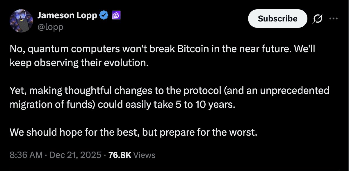🔴COINTELGRAPH: "⚡ Nuovi sviluppi: la migrazione di Bitcoin agli standard post-quantistici potrebbe richiedere dai 5 ai 10 anni, afferma il sviluppatore di Bitcoin Jameson Lopp."