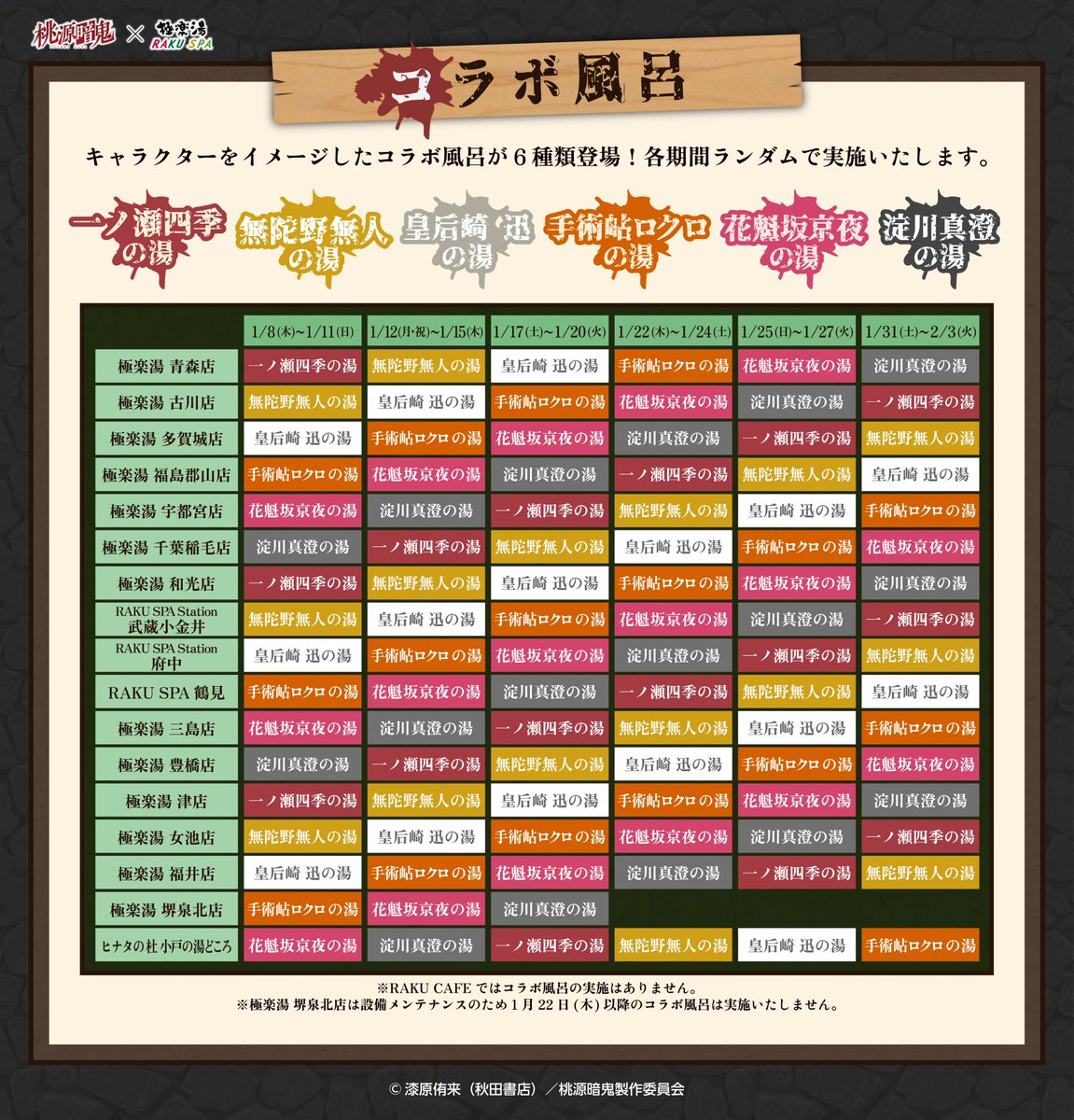 桃源暗鬼 × 極楽湯 RAKU SPA まとめ売り 桃源暗鬼×極楽湯コラボ！限定グッズやコラボ風呂も｜開催期間・コラボ