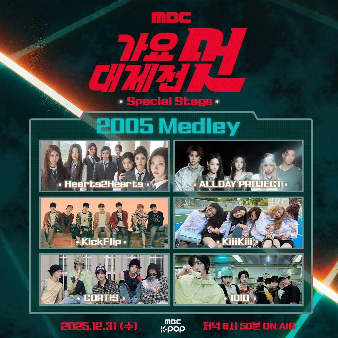 kchartsmaster's tweet image. Hearts2Hearts, ALLDAY PROJECT, KickFlip, KiiiKiii, CORTIS, and IDID are set to perform a special 2005 hit song medley collaboration stage at the 2025 MBC Gayo Daejejeon.