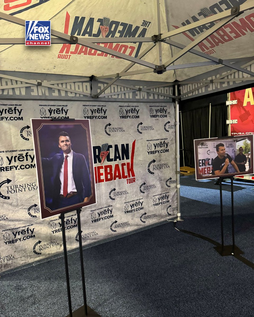 FoxNews's tweet image. The tent where Charlie Kirk was assassinated at Utah Valley University was displayed at Turning Point USA’s AmericaFest — the organization’s first major conference without its founder.