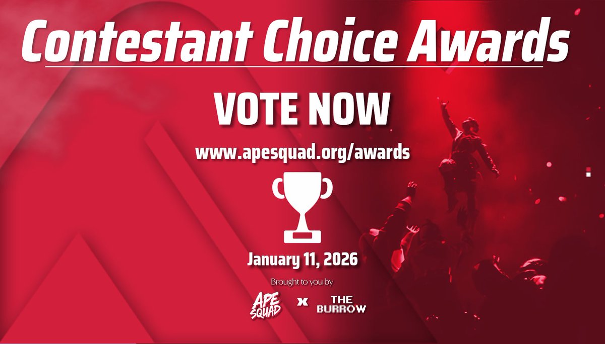VOTING IS OPEN!
Congratulations to all nominees!

Vote here:
apesquad.org/awards

Ape Squad X The Burrow
(<a href="/mommagerbil/">momma gerbil</a>) will be hosting the awards ceremony on January 11th on Twitch!

Stay tuned for more updates!

#TheFinals #ApeSquad #ReachTheFinals