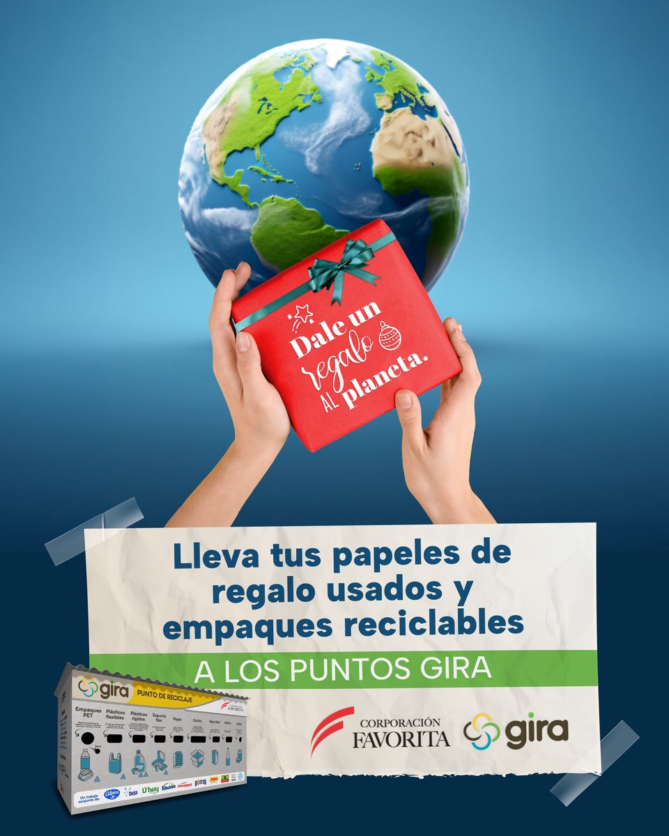 🎄 Esta Navidad, desde <a href="/CorpFavoritaEc/">Corporación Favorita</a> , queremos invitarte a dar el mejor regalo de todos: ¡cuidar nuestro planeta!

🎁 Separa los materiales reciclables de las fiestas, como empaques, papeles de regalo y plásticos, y llévalos a nuestros Puntos de Reciclaje GIRA.