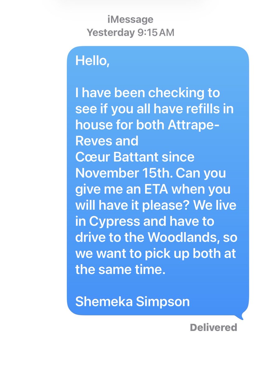 SweetHeat72's tweet photo. @LouisVuitton I’ve been trying to get two bottles refilled since November 14th at your Woodlands, Texas location to no avail! I was texting with one of your employees and finally asked for the store manager’s number. I sent her a text yesterday and no response. Help! https://t.co/ILD2Dmblx5