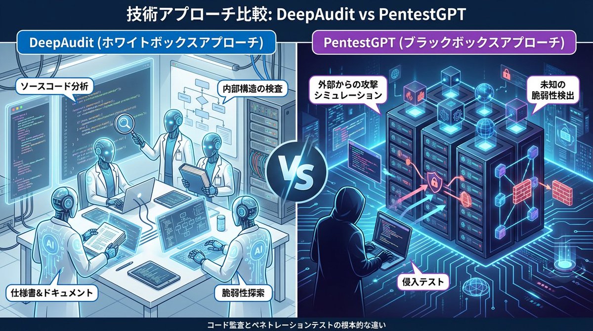 tumf's tweet photo. AIを使ったサイト攻撃が話題ですが、ペネトレーションテスト（侵入テスト）について気になる製品が2つあったのでご紹介します
DeepAudit vs PenetestGPT
https://t.co/V4yYamaUCt https://t.co/uvvTMxwLNo