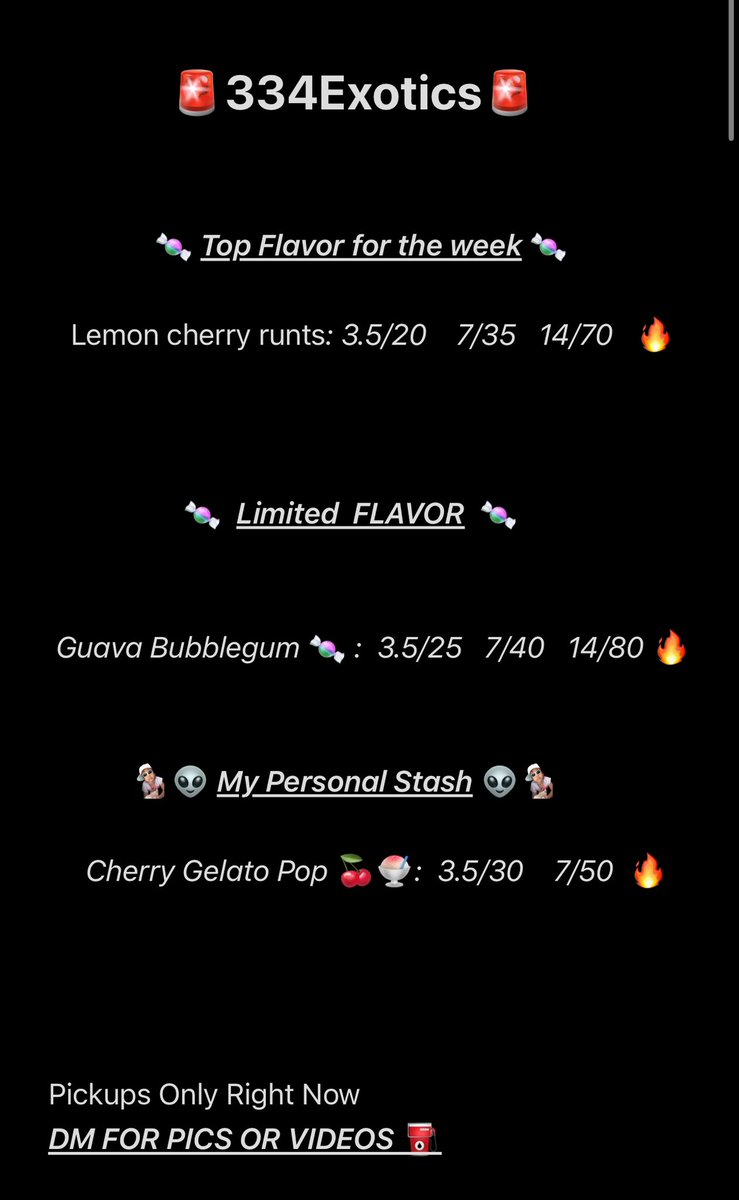 334Exotics's tweet image. UPDATED MENU 🍭🔥‼️‼️ 

.
.
.

#houstonplug #houstongas #htxplug #htxgas #houstonweed #houston #334exotics #weedman #gasgod #houstonflavors #weedtwitter #telegram #htxsouthwest #tsuplug