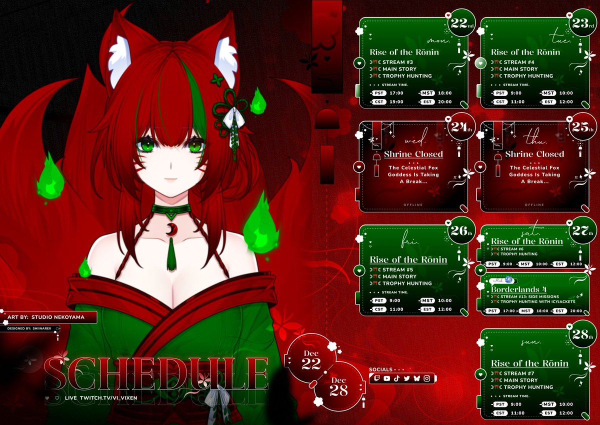 December 22nd, 2025 - December 28th, 2025

☽⛩☾ 𝐓𝐰𝐢𝐭𝐜𝐡.𝐭𝐯/𝐕𝐢_𝐕𝐢𝐱𝐞𝐧 ☽⛩☾
☽⛩☾ 𝐘𝐨𝐮𝐭𝐮𝐛𝐞.𝐜𝐨𝐦/@𝐕𝐢_𝐕𝐢𝐱𝐞𝐧 ☽⛩☾

Monday: 18:00 MST
Tuesday: 10:00 MST
Wednesday: --
Thursday: --
Friday: 10:00 MST
Saturday: 10:00 MST | 18:00 MST
Sunday: 10:00 AM