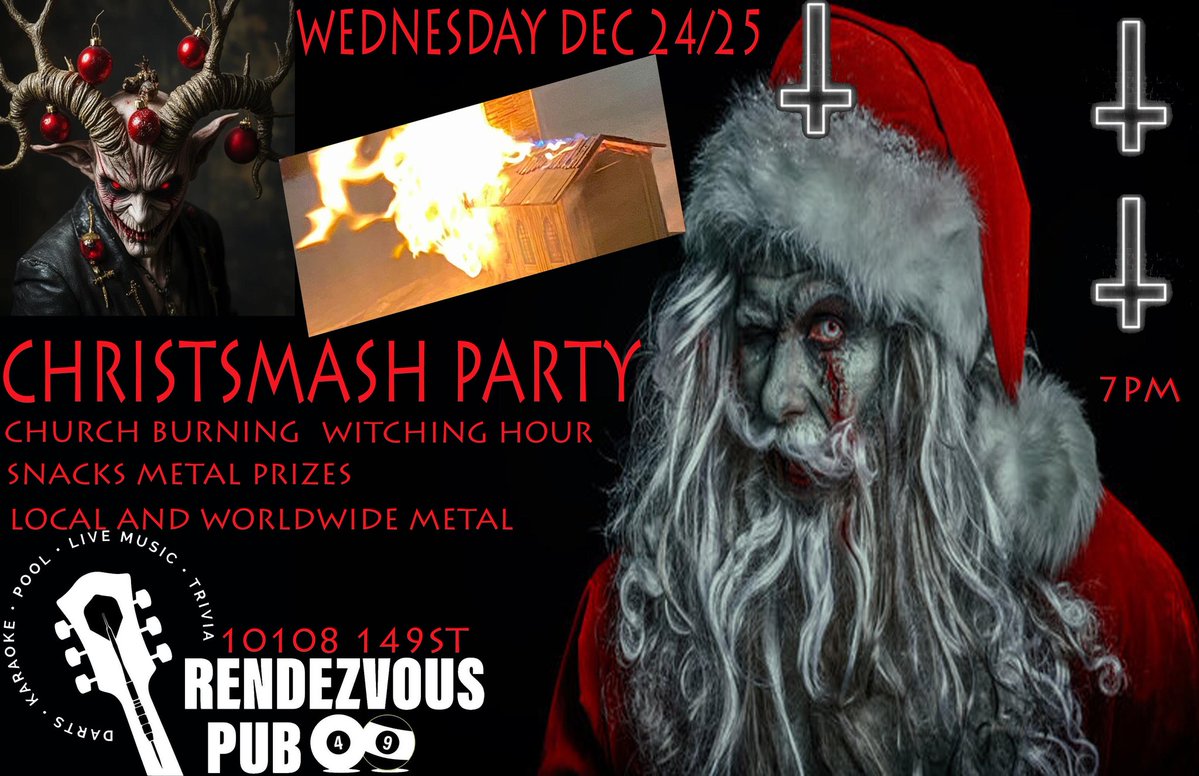 rendezvouspub49's tweet image. ChristSmash Eve Rendezvous's Annual PArty
ORG666 Spins local and Worldwide Metal All genres
Snacks Prizes Throughout the Night .
The Annual Church Burning at the Witching Hour
Drinks Specials all night. #HeavyMetal #yegmetal #churchburning @newlevelbrewing Hellion on special