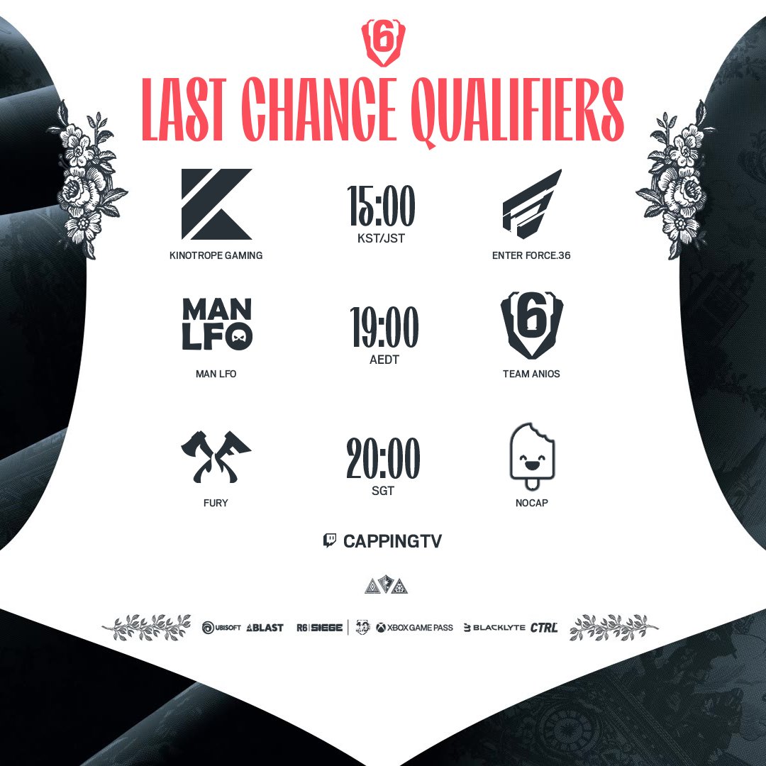 CappingTV's tweet image. 🔥 @R6EsportsASIA LCQ QUALIFYING MATCHES 🔥

Three regions. Three BO3s. One step closer to SI 2026.

🇯🇵 @KINOTROPEgaming vs. @ENTERFORCE_36
🎙️ @TiakyCasts &amp;amp; @ItsTraviiiii 

🇦🇺 @ManEsportsLFO vs. #TeamAnios
🎙️ @TiakyCasts &amp;amp; @ItsTraviiiii 

🇹🇭 @FURY_Global vs. #NoCapR6
🎙️…