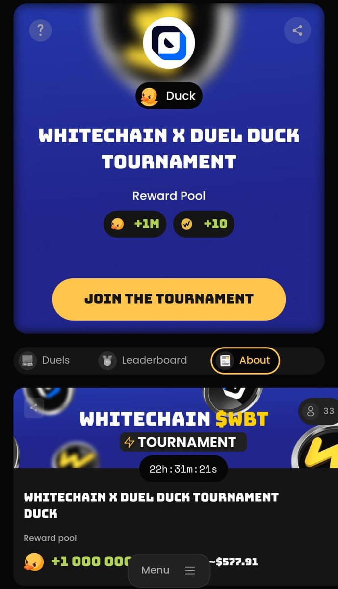 GM web3  Friends, 

Whitechain x Duel Duck Tournament is LIVE 🏆
Join now to predict, duel, and win big prizes in Web3. 

Challenge your prediction skills.
Head to <a href="/duel_duck/">Duel Duck</a> , hosted by Whitechain , Nail market events, beat your opponents, and climb the leaderboard!🏅 Massive
