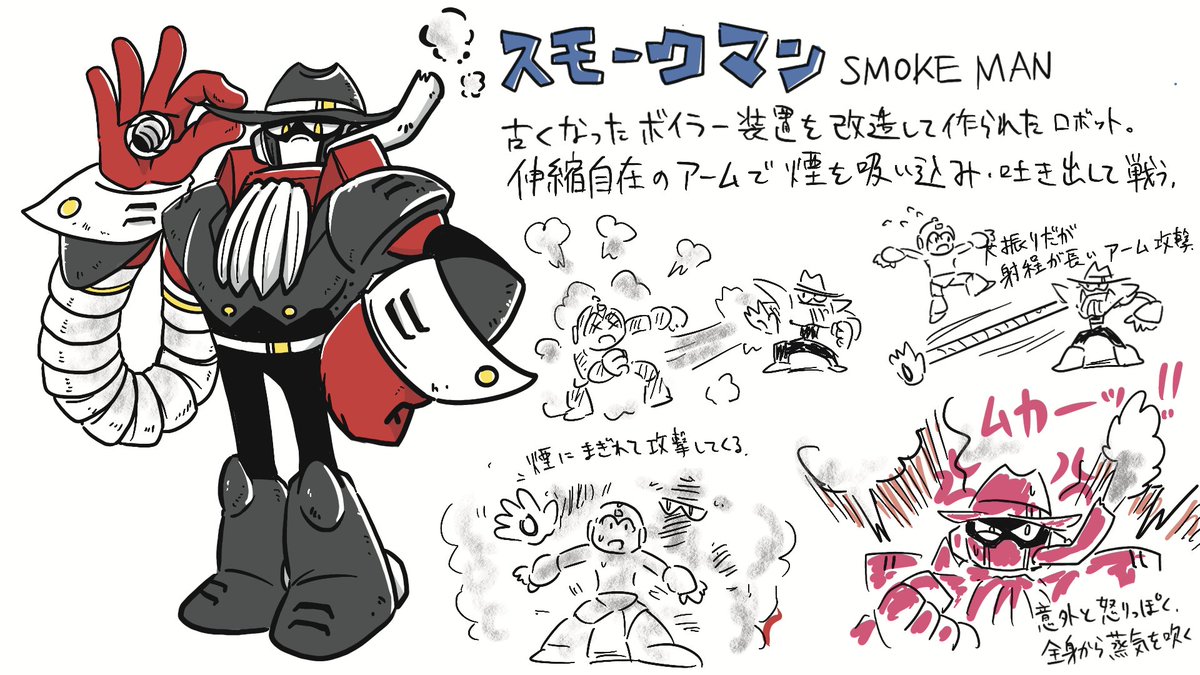 応募部門 
・ボスデザイン部門
ペンネーム:RENJI

「スモークマン」
 自慢の伸びるアームで煙を吸い込んだり吐き出したりして戦う。
普段は冷静でクールな性格だが、一度キレると手が付けられなくなるぞ!

  #ロックマンDO #ボスデザインコンテスト 
