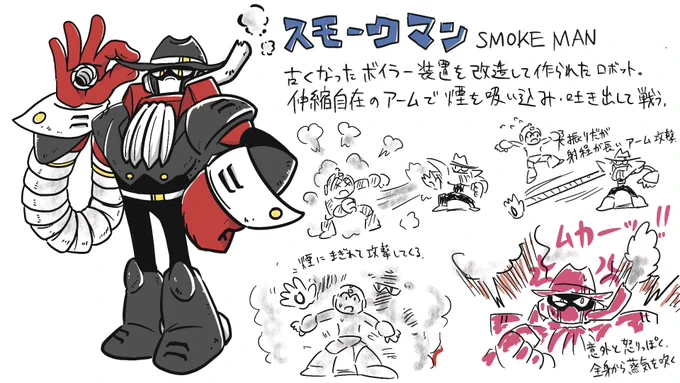 応募部門 
・ボスデザイン部門
ペンネーム:RENJI

「スモークマン」
 自慢の伸びるアームで煙を吸い込んだり吐き出したりして戦う。
普段は冷静でクールな性格だが、一度キレると手が付けられなくなるぞ!

  #ロックマンDO #ボスデザインコンテスト 