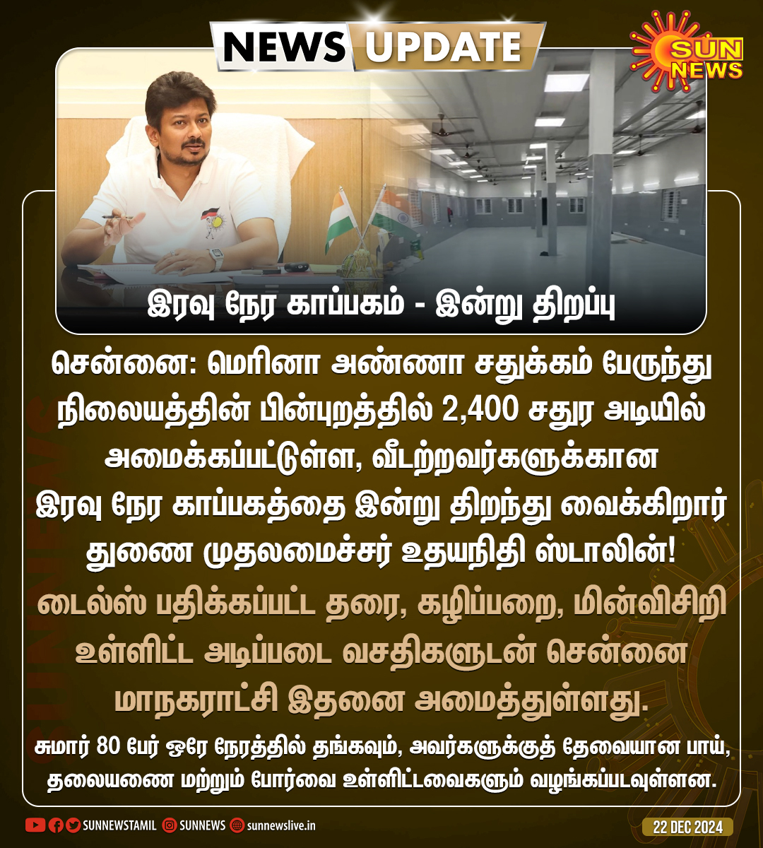 #NewsUpdate | சென்னையில் வீடற்றவர்களுக்கான இரவு நேர காப்பகத்தை இன்று திறந்து வைக்கிறார் துணை முதலமைச்சர் உதயநிதி ஸ்டாலின்!

#SunNews | <a href="/Udhaystalin/">Udhay - தமிழ்நாட்டை தலைகுனிய விடமாட்டேன்</a> | <a href="/chennaicorp/">Greater Chennai Corporation</a>