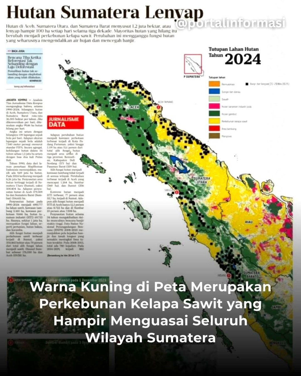 Hutan 🌳🌳🌳 Sumatera lenyap. Data Kompas (1990–2024): Aceh, Sumut, Sumbar kehilangan ±1,2 juta ha hutan—rata-rata 36.305 ha/tahun (≈ 100 ha/hari). Penyebab utama: alih fungsi lahan &amp; ekspansi sawit, lemahnya penegakan hukum.
Akibatnya nyata: banjir bandang, longsor, habitat