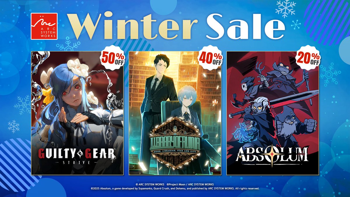 ARCSY_PR's tweet image. アークシステムワークス「Winter Sale」実施中⛄
本日からPlayStation Store🎮でもセール開始！

📷 『GUILTY GEAR -STRIVE-』50%OFF 
📷『Library Of Ruina』40%OFF  
📷『Absolum』20%OFF

↓詳細はこちら↓
arcsystemworks.jp/portal/post-30…

#WinterSale #GGST #absolum #LibraryofRuina