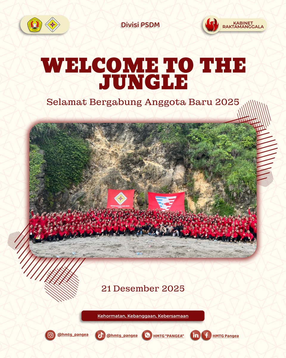 [SELAMAT DATANG KELUARGA PANGEA 2025]

Kami segenap keluarga besar HMTG “Pangea” mengucapkan selamat datang kepada teman-teman Teknik Geologi angkatan 2025 yang telah resmi menjadi anggota HMTG “Pangea” UPN “Veteran” Yogyakarta.

Salam,
HMTG “Pangea”
Kabinet Raktamanggala