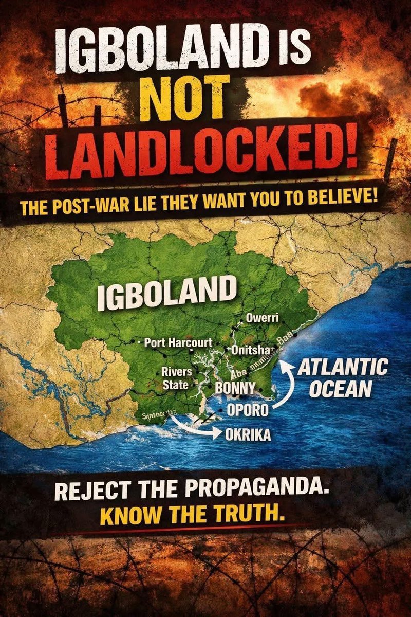 Biafra_FirstSon's tweet photo. Igboland Is Not Landlocked: The Post-War Lie That Refuses To Die

(Episode 1)

One of the most persistent lies repeated on Nigerian social media is that Igboland is landlocked. It is a falsehood so casually thrown around that many Nigerians of Iyoruba origins now repeat it without thinking, exactly as it was designed to be repeated.

Let it be stated clearly and without hesitation: Igboland is not landlocked.

The claim did not arise from geography. It arose from political engineering championed by haters of ndị Igbo and land grabbers.

Here is the Geography they hope we forget:

Igboland stretches directly to the Atlantic Ocean through historic coastal territories such as Bonny, Opobo, Andoni, Okrika, and parts of today’s Rivers State, all of which were economically, culturally, and commercially integrated into the Igbo world long before colonial borders were drawn.

Igbo traders dominated coastal commerce centuries before Nigeria existed. Igbo merchants moved goods through the Niger Delta into the Atlantic trade network long before Lagos became prominent. A land that historically controlled inland-coastal trade routes cannot suddenly become landlocked by propaganda championed by Iyoruba people.

Maps do not lie. History does not lie. Only narratives by those whose only inheritance from their hardworking ancestors were brown roofs do lie. They will sit under their leaky brown roofs and because we allowed them control the media during and after Nigeria flag independent, they think it is still the same.

The “Igboland is landlocked” story was deliberately pushed after the Biafran War, not before it. Its purpose was psychological, not educational.

After failing to destroy the Igbo spirit militarily, the Nigerian state turned to mental warfare:

To convince Igbos they are geographically trapped

To suggest economic dependence

To discourage thoughts of self-determination

To implant fear about survival without Nigeria

This narrative was taught indirectly through school texts, political rhetoric, and media repetition until it became “common knowledge.”

That is how propaganda works.

When people repeat this claim online today, they are not proving intellectual superiority, they are repeating a federal talking point created decades ago.

Mockery does not change geography. Insults do not rewrite history. Viral tweets do not erase coastlines. Dance on TikTok from morning to night, you are not pressing anybody's neck rather, you are showing how dubious and lazy your people can be.

What is ironic is that many who repeat this line do so while claiming to be “woke,” unaware they are echoing post-war psychological warfare scripts almost word for word.

The bigger truth is that Igboland’s challenge has never been lack of access to the sea. It has been political exclusion, economic strangulation, and deliberate boundary manipulation.

And yet, despite all of this, Igboland remains one of the most commercially active regions in West Africa without oil-state privileges, without federal protection, and without coastal propaganda. That alone should raise questions.

Igboland is not landlocked. It never was. The idea was manufactured. The lie was strategic. And repeating it today by the Iyorubas only serves the agenda that created it.

History is stubborn. Geography is permanent.

Propaganda only survives when people refuses to think.

Culled from

Biafra Historical Facts