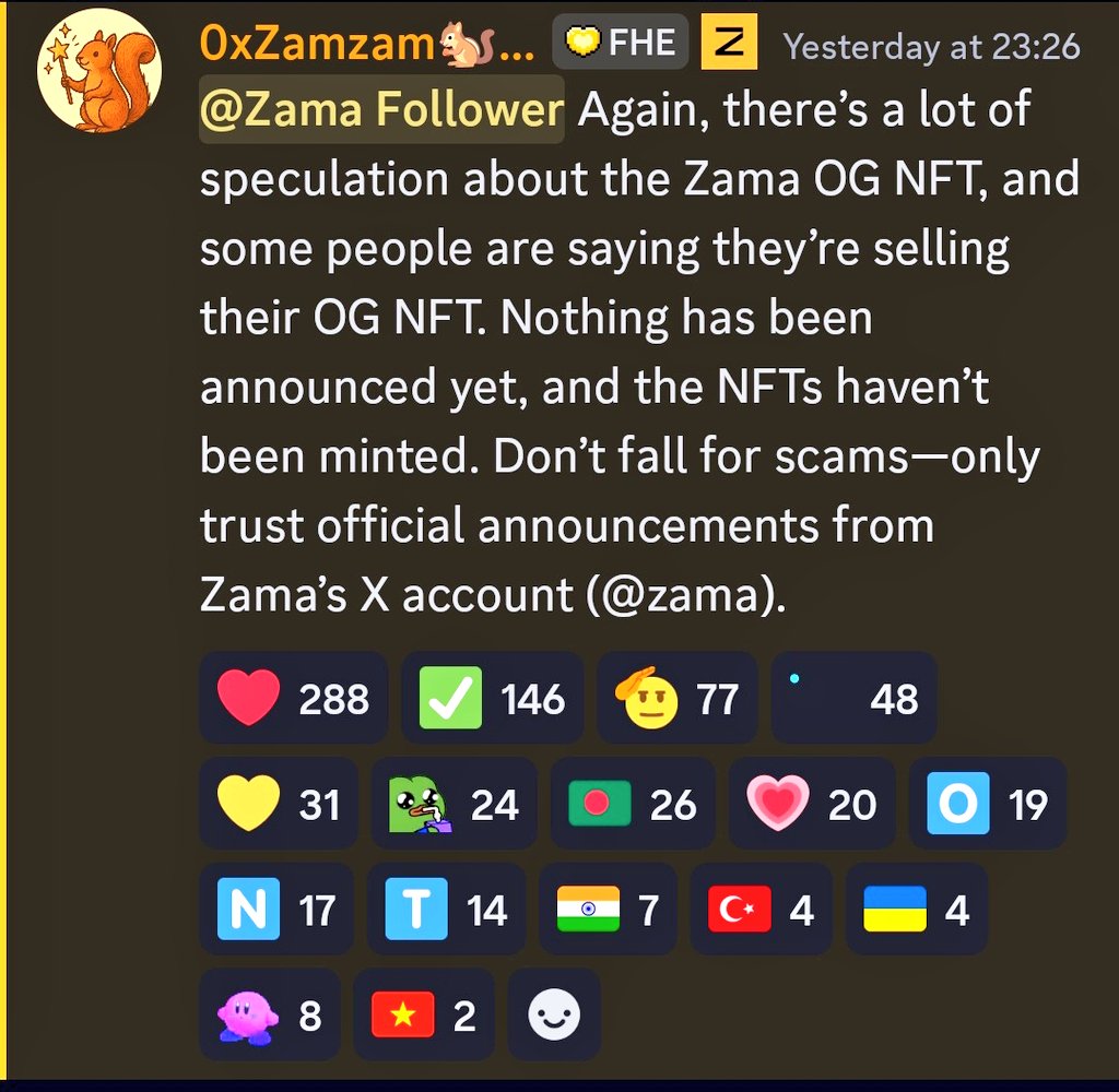 Next week is going to be massive for <a href="/zama/">Zama</a> utility. 👀

But until then:

DO NOT fall for scams. 🚫

Rumors are spreading about OG NFTs being sold.

Reality check: They haven't been minted yet.

Trust the official account only.
Don't get rekt before the party starts. 🟡