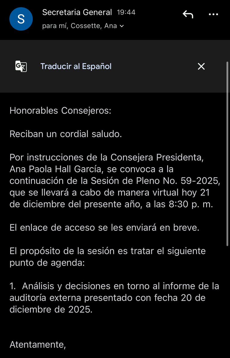 Informo que hace unos minutos las Consejeras han convocado nuevamente a sesión virtual a las 8:30 pm, para someter a votación la misma propuesta de ayer. Transmitiré a través de mis redes sociales.