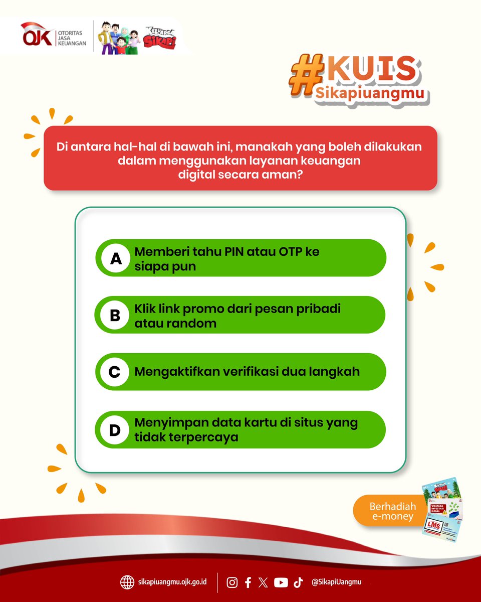 sikapiuangmu's tweet image. Sobat, apakah kamu bisa memanfaatkan layanan belanja online dengan aman? Kalau bisa, pasti bisa jawab pertanyaan ini.

Tulis jawaban di kolom komentar dan mention 3 orang teman untuk memenangkan hadiah kartu e-money senilai Rp100.000!

#KuisSikapiUangmu #Kuis #Giveaway