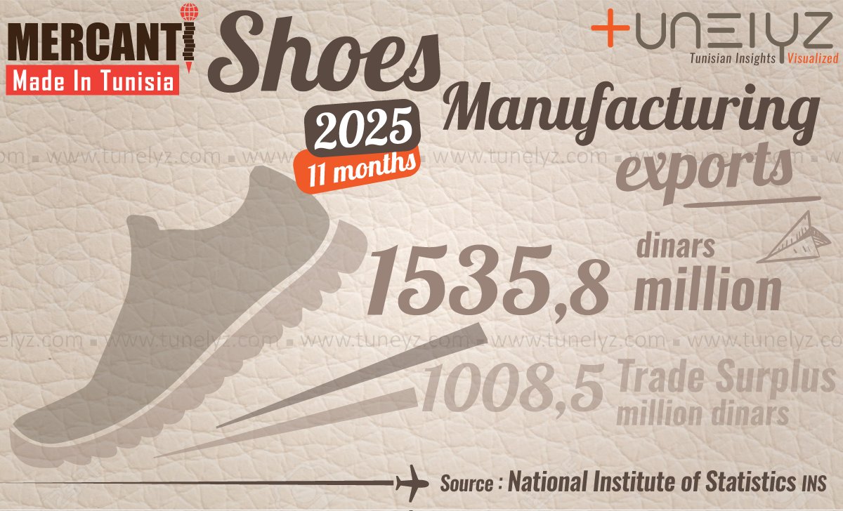 L'industrie tunisienne du cuir et de la chaussure continue sa marche à l'international raflant une recette à l'export de 1536 millions de dinars moyennant un excédent commercial de 1008 MDT selon le dernier bulletin mensuel de l'<a href="/InsTunisia/">Statistiques Tunisie</a>