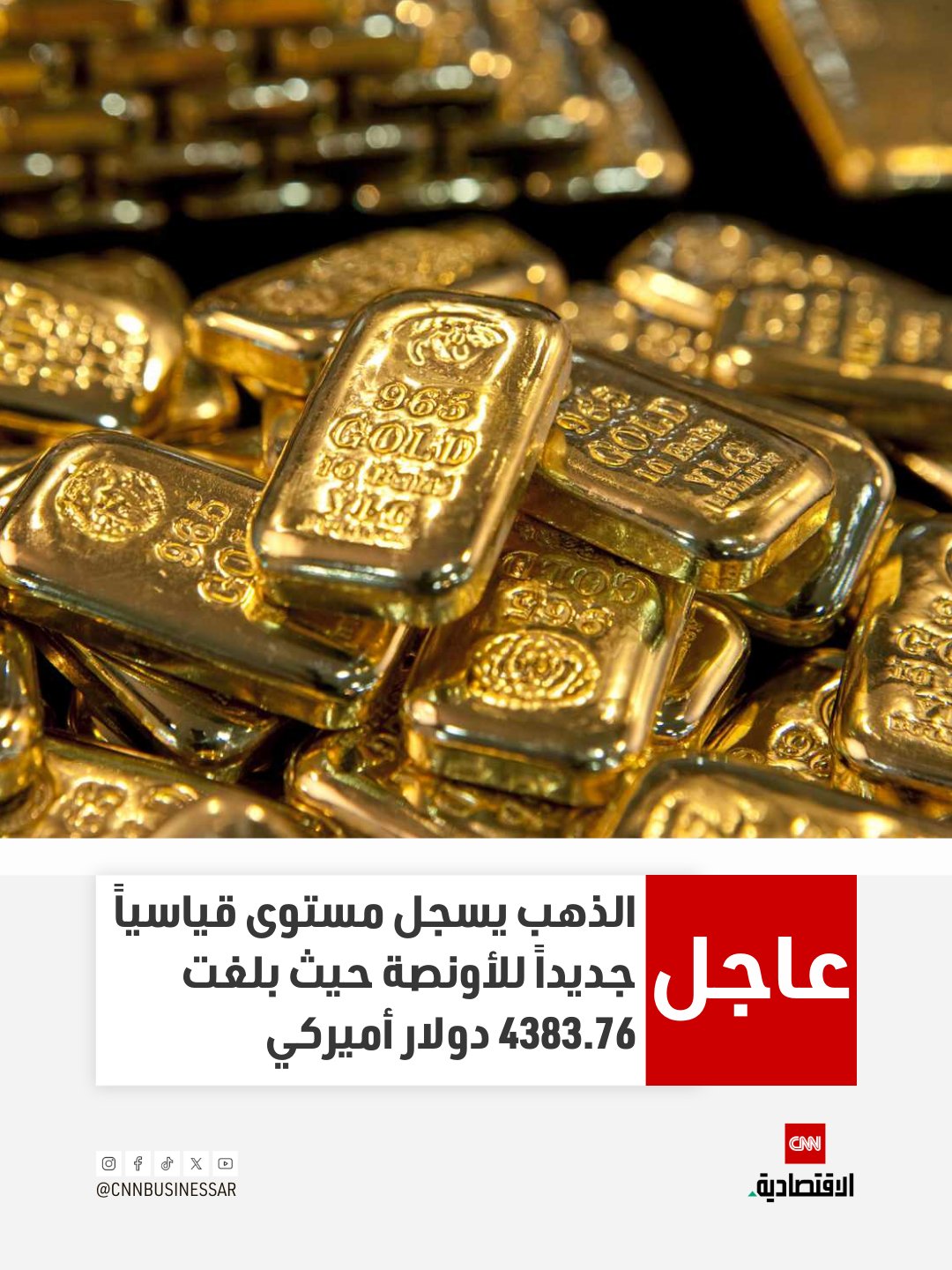 عاجل | ارتفعت أسعار الذهب إلى مستوى قياسي يوم الاثنين، مع تزايد تفاؤل المستثمرين بأن مجلس الاحتياطي الفيدرالي الأميركي سيواصل خفض أسعار الفائدة خلال العام المقبل.. وبلغ المعدن النفيس ذروته عند 4383.76 دولار أميركي في بداية التداولات، حيث أشارت سلسلة من البيانات، الأسبوع الماضي، إلى مزيد من الضعف في سوق العمل الأميركي وانخفاض التضخم، ما منح البنك المركزي مجالاً لتيسير السياسة النقدية بشكل أكبر.. ودفعت مكاسب يوم الاثنين سعر الذهب إلى تجاوز أعلى مستوى سابق له عند 4381.52 دولار أميركي، والذي سجله في أكتوبر 