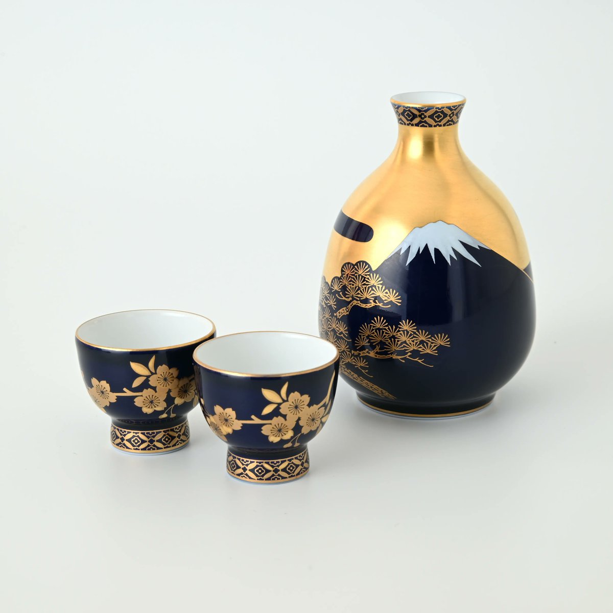 香蘭社 磁芸工房謹製 金彩色絵花文 酒器揃(猪口 五客・徳利 二客) 共箱 香蘭社 磁芸工房謹製 金彩色絵花文 酒器揃(猪口 五客・