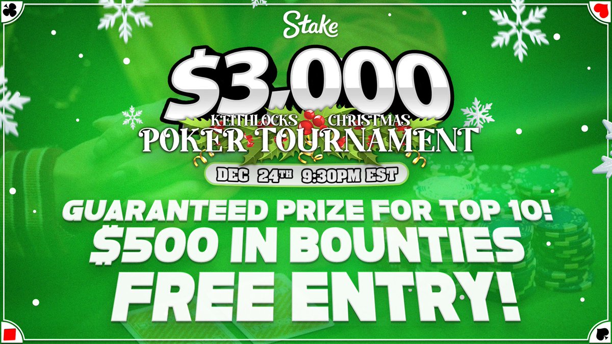 KeithLocksVIP's tweet image. 🎅SANTALOCKS IS HERE!🎄

🃏KEITHLOCKS FREE ROLL $3,000 POKER TOURNAMENT

🗓️DECEMBER 24 / 9:30PM EST

💰$50 GIVEAWAY TO HELP SPREAD THE WORD!

FOLLOW☑️@keitthlocks &amp;amp; @KeithLocksVIP 
RT🔁
TAG 2 🫂

🔗MORE INFORMATION ON HOW TO JOIN POSTED IN OUR DISCORD -&amp;gt; discord.gg/cv2VZBwgUK