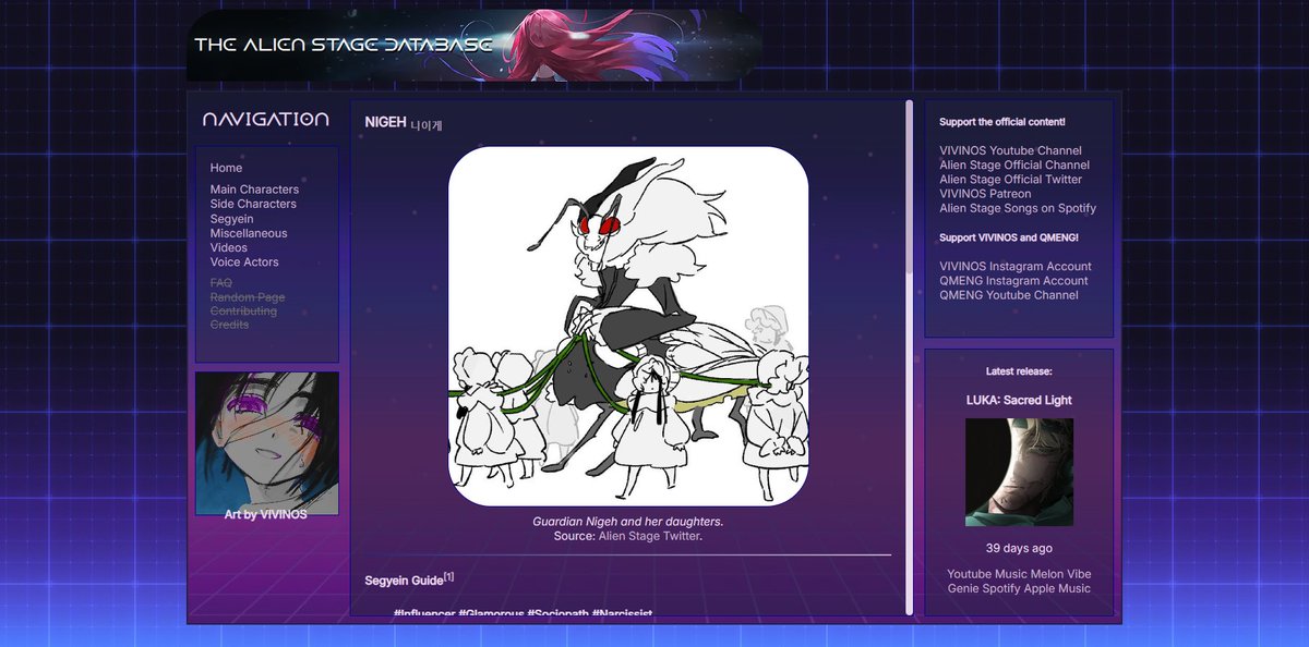 alnstdb's tweet photo. WEBSITE LAUNCH 👾🎤

The Alien Stage Database's is a fanmade project with the purpose of gathering all ALNST lore in one place, in order to combat misinformation.

Current content:
- Main Cast
- Segyein Guardians
- Episodes (up to ROUND 6)

Link in bio/below!

#alienstage https://t.co/KF8MOSEPLI