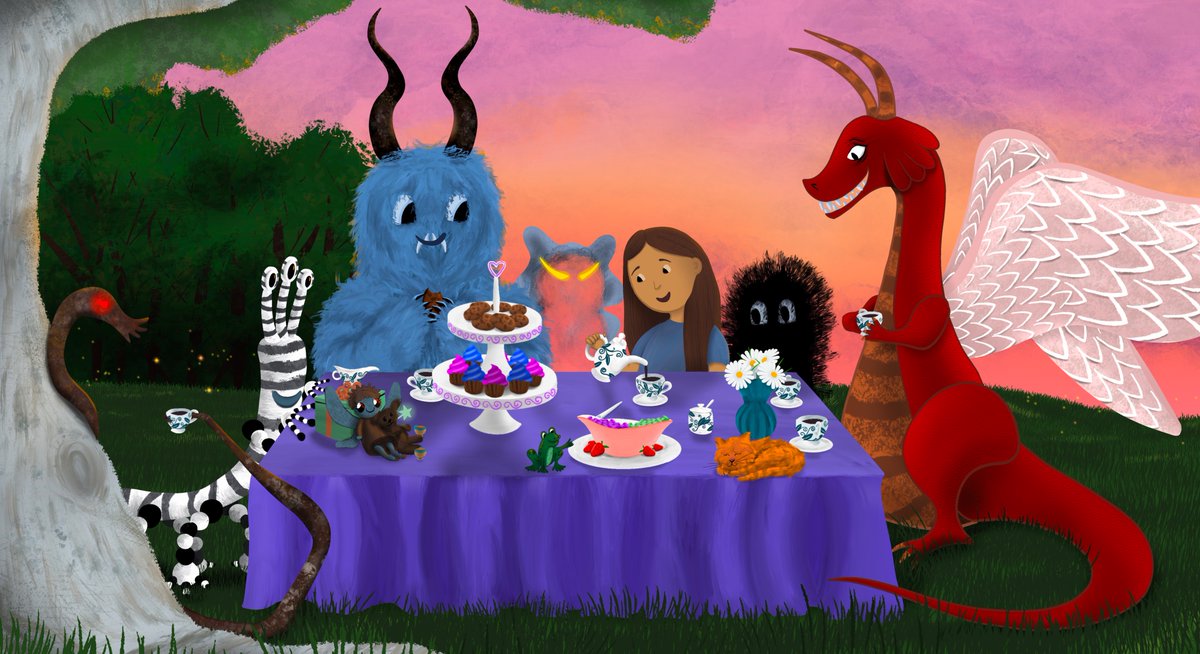HackworthAlli's tweet photo. Sometimes you have to invite your monsters to tea. ☕️ 🫖
#teaparty #Monster #Dragon #Desserts #PictureBook #KidIllustrator #KidLitIllustration #scbwi #scbwiillustrators #amwriting #writingcommunity #Sunset #Fireflies #cat #flowers #PBwriters #kidlit https://t.co/Pv1xyY8qmt