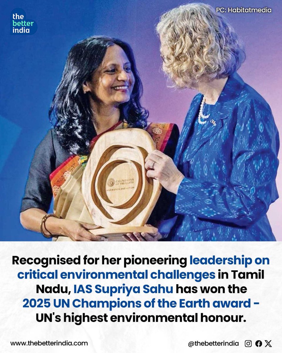 anandmahindra's tweet image. In a world that loves quick wins, Supriya is a reminder that decades of steady public service can move mountains.

She’s been named a UNEP “Champion of the Earth” (2025), the UN’s highest environmental honour.  

And what I admire most is the consistency: long before plastic bans…