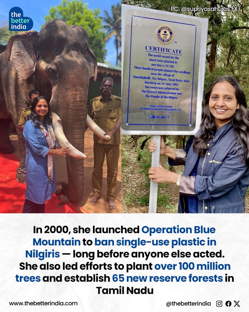 anandmahindra's tweet image. In a world that loves quick wins, Supriya is a reminder that decades of steady public service can move mountains.

She’s been named a UNEP “Champion of the Earth” (2025), the UN’s highest environmental honour.  

And what I admire most is the consistency: long before plastic bans…