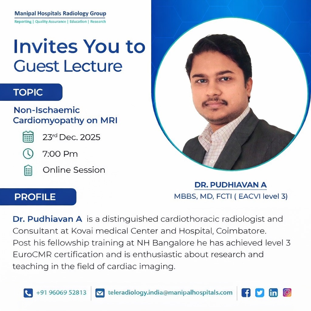 ManipalMhrg's tweet image. Join us for the #GuestLecture by Dr. Pudhiavan A on Topic “Non-ischaemic Cardiomyopathy on MRI. 
Interested candidates can email details to rachna.karkera@manipalhospitals.com for Zoom link.
#RadiologyEducation #healthcare #ManipalHospitals #MHRG