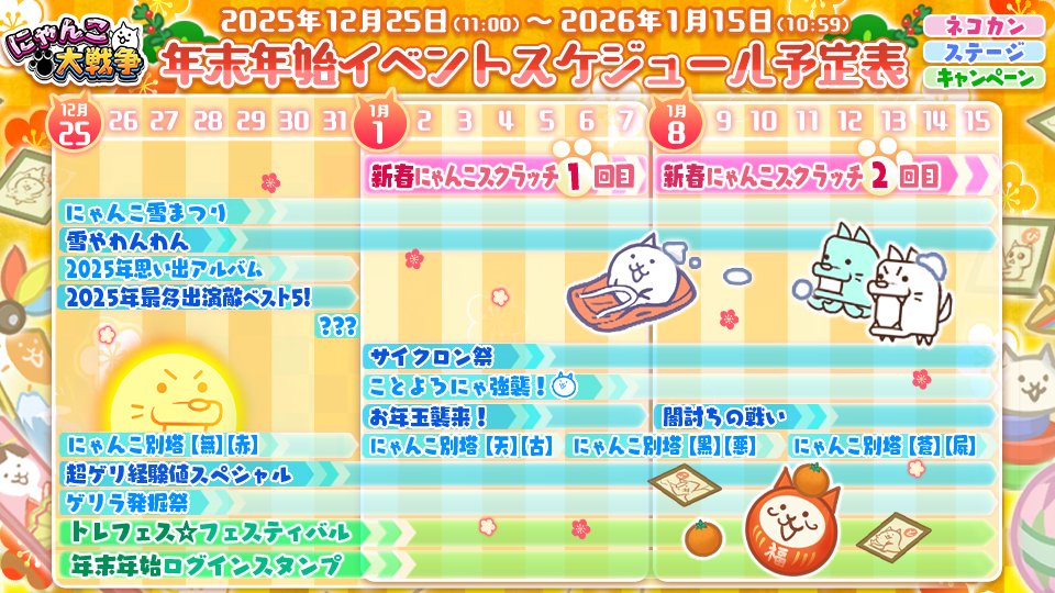 【年末年始イベントスケジュール予定表(ΦωΦ)】
2025年12月25日(11:00)から2026年1月15日(10:59)で開催予定のイベント情報をお届け♪

年末年始も『 #にゃんこ大戦争 』をいっぱい遊んでほしいにゃ～！