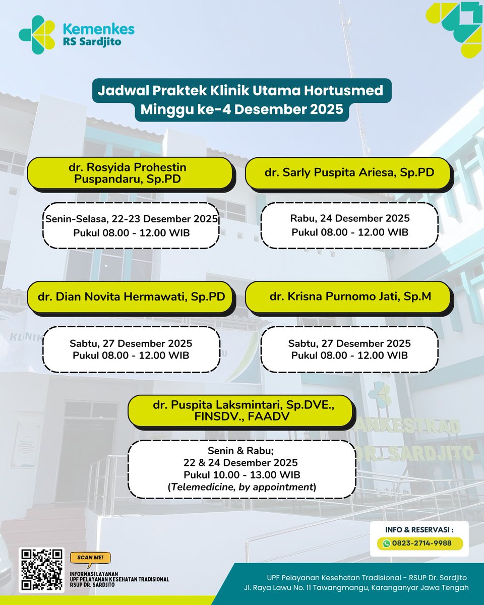 Halo Sobat Sehat Sardjito

Kami informasikan Jadwal Praktik Dokter Minggu ke-4 Desember 2025 Klinik Utama Hortusmed Tawangmangu            

Salam Sehat dari Tawangmangu 

#klinikutama #spesialispenyakitdalam #spesialismata #spesialisdermatologivenereologiestetika #hortusmed
