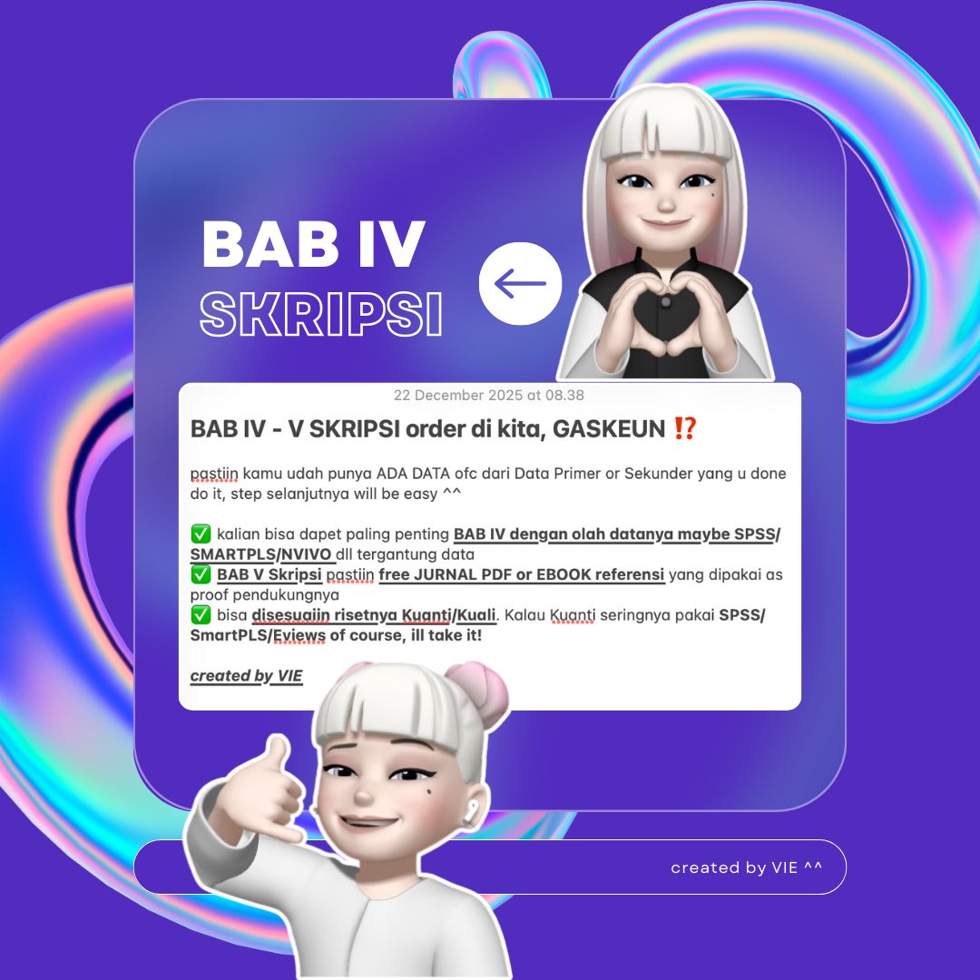 lnaajasii's tweet image. “kak handle BAB IV Skripsi tapi sama dikasih FREE Video Tutorial olah datanya gaa 🥺…”

of course YESS! IYA DONG ✅

📊 SPSS/SmartPLS/Nvivo gimana cara olah data mentah ke data jadi, of course!

📈 handle with FREE Turnitin and PDF Jurnal yang dipakai + ebooknya

#jokitugas