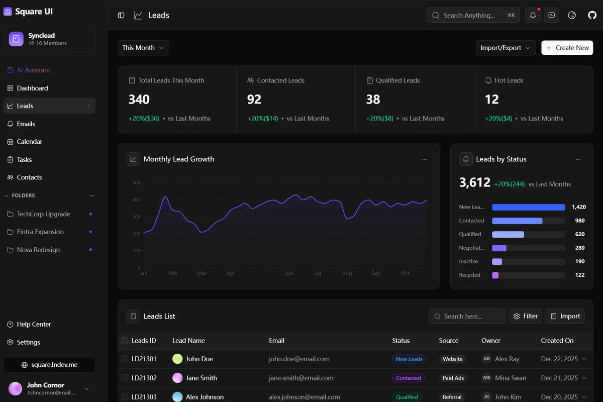 jqueryscript's tweet image. Square UI: an open-source collection of 13 production-ready dashboard templates built with Next.js and shadcn/ui. 

Each template includes working implementations of data tables with filters, statistics cards, chart components, and complete layouts for different management…