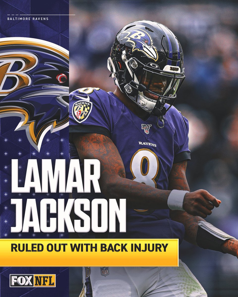 NFLonFOX's tweet image. Lamar Jackson has been ruled OUT with a back injury.